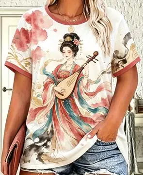 Women Round Neck Short Sleeve T-shirt Mermaid Ocean Art Print Casual Summer Daily Wear Tee