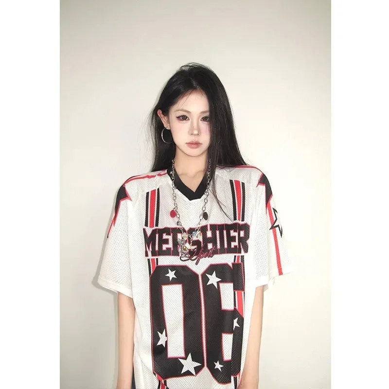 2026 Fashion American Sporty V-Neck Short Sleeve Loose Hip Hop Style Digital Couple Trendy Polyester Fiber Regular SleeveTopMOTO