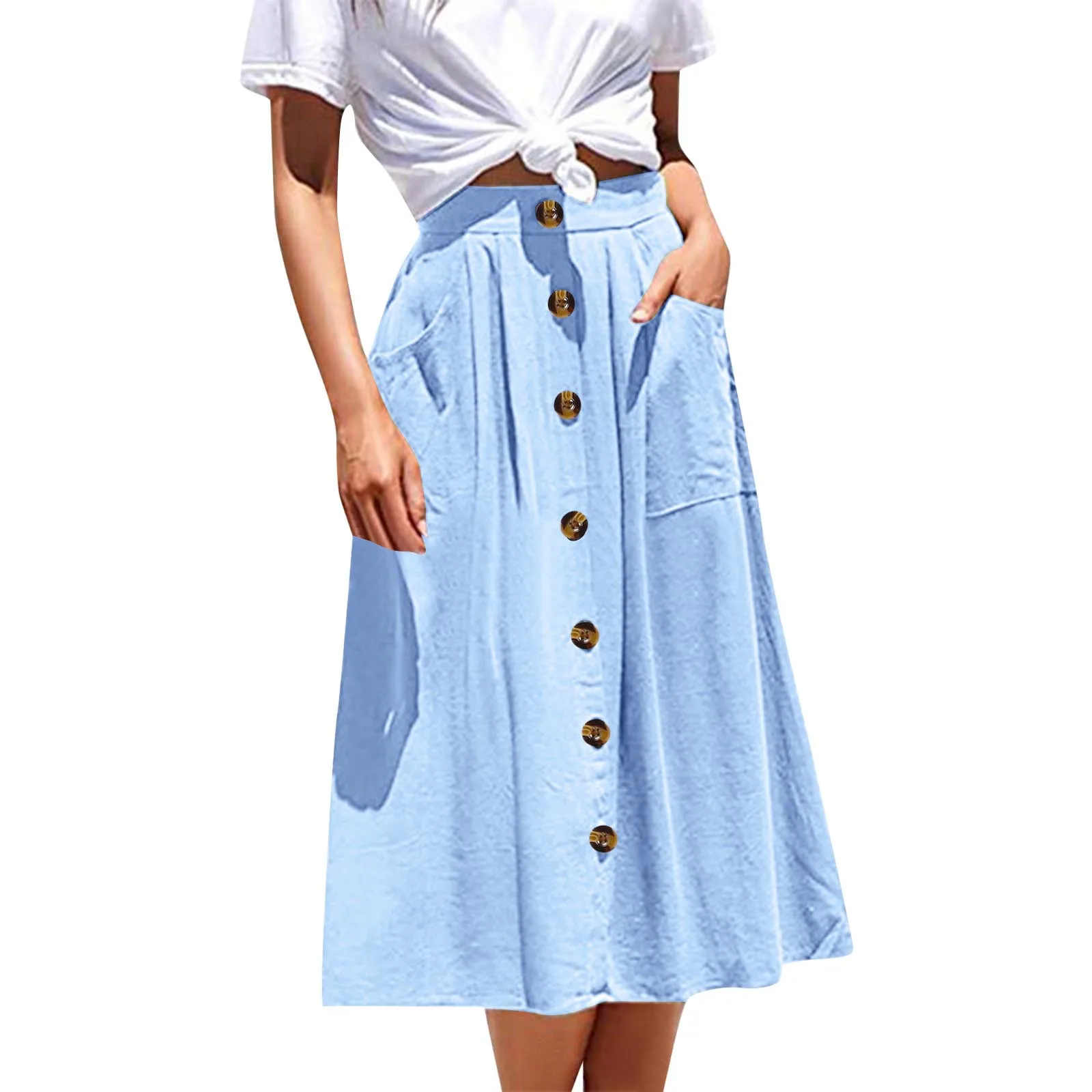 

Women Skirts 2024 Autumn Vintage High Waist Elastic Waistband Solid Color Midi Skirt Streewear Fashion Buttons A Line Skirt