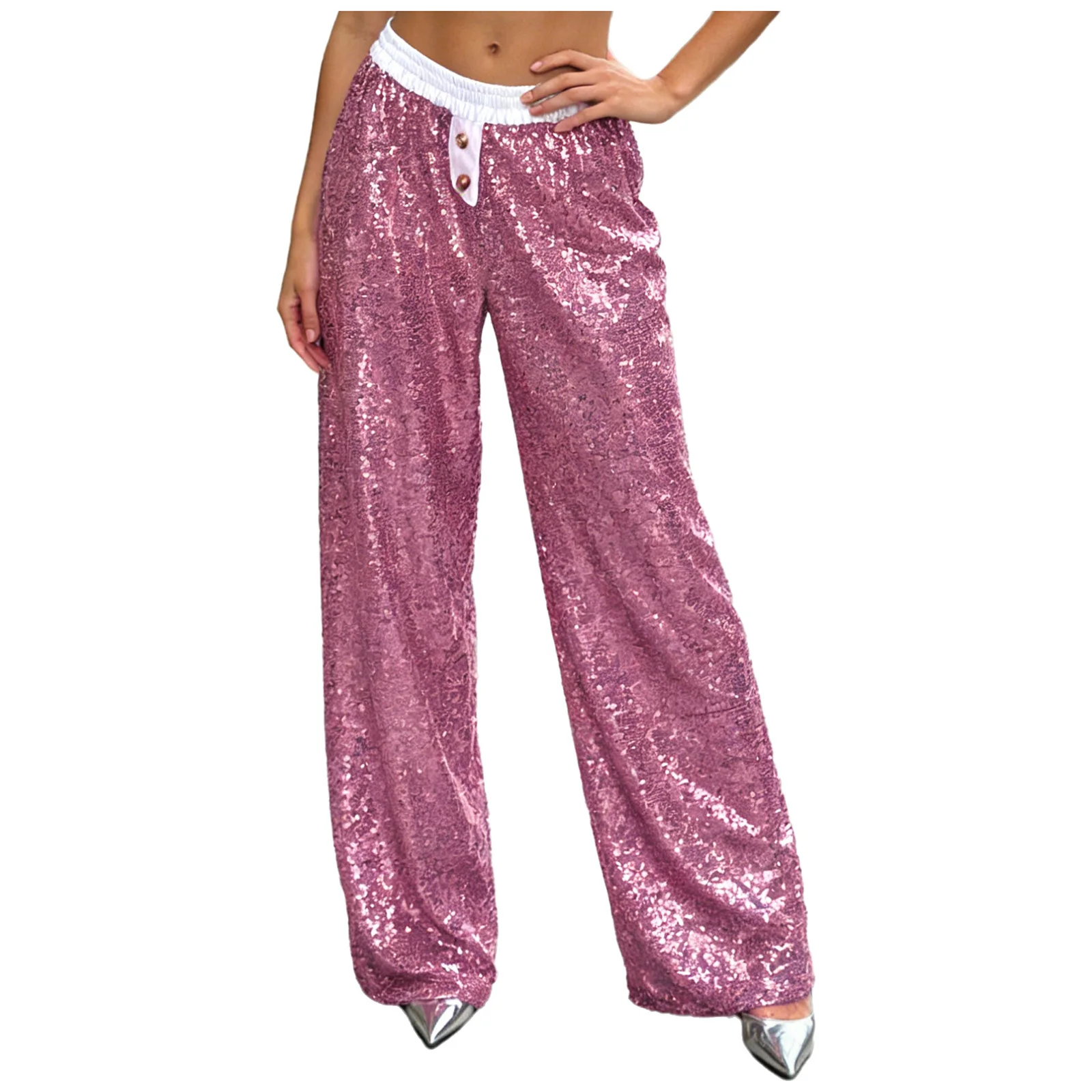 Lady Elastic Waist Straight Trousers for Womens Jazz Dance Party Music Festival Rave Outfits Sequin Long Pants Street Wear