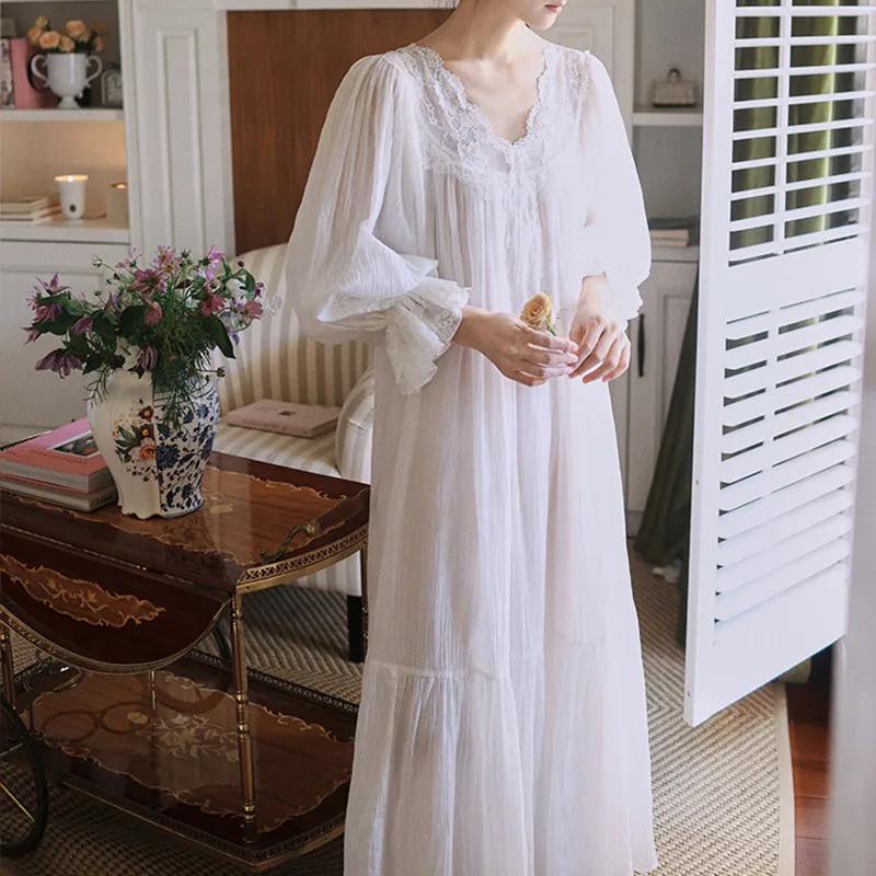 Women French Sexy Lace V-Neck Long Nightdress Princess Vintage White Cotton Nightgowns Loose Design Ankle-Length Nightie New