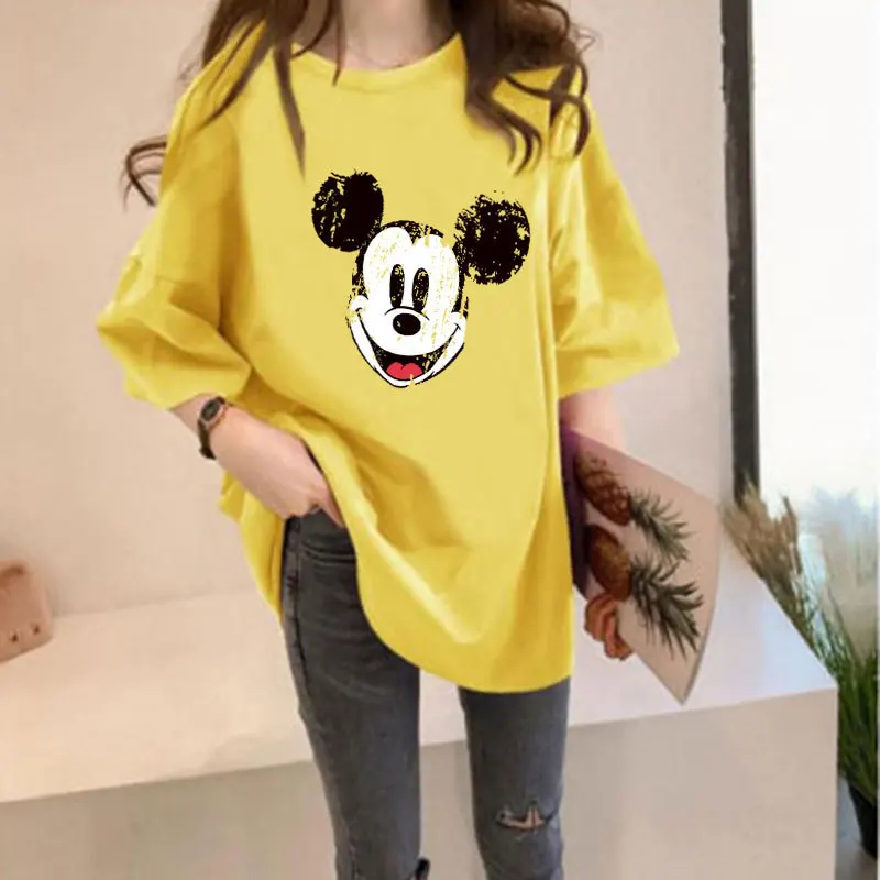 T-shirt Women\'s Plus Size Cartoon Mickey Mouse Print Short-Sleeved Summer Loose Solid Color T-Shirt Student Mid-Length Thin Top