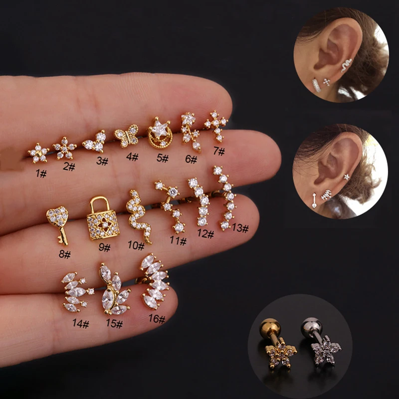 2PCS New Stainless Steel Tragus Piercing Ear Stud Earring for Women Helix Tragus Studs Earring Trendy Jewelry boucles d\'oreilles