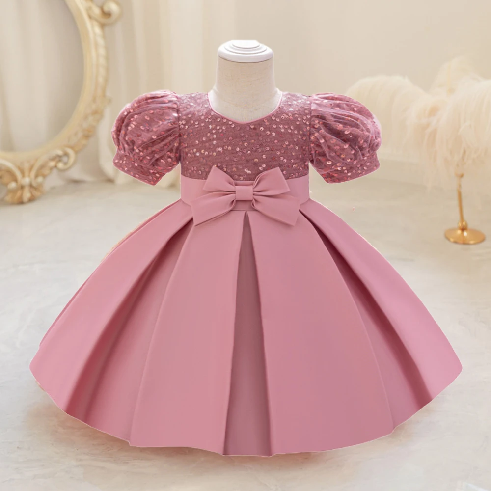 Toddler Sequins Baby Party Dresses Infant 1st Birthday Princess Tulle Dress For Baby Girl Bow Baptism Wedding Prom Gown Costumes