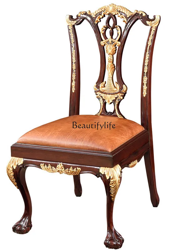

European solid wood carving flower dining chair with gold foil to make old chair first layer oil wax cowhide