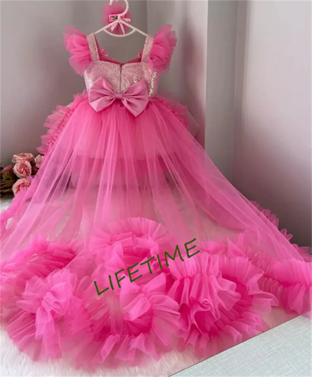 Robe moelleuse pour bébé fille avec longues poignées, robe d'anniversaire pour petite princesse, robe à fleurs pour enfant, train amovible, rose vif, 12M-14T