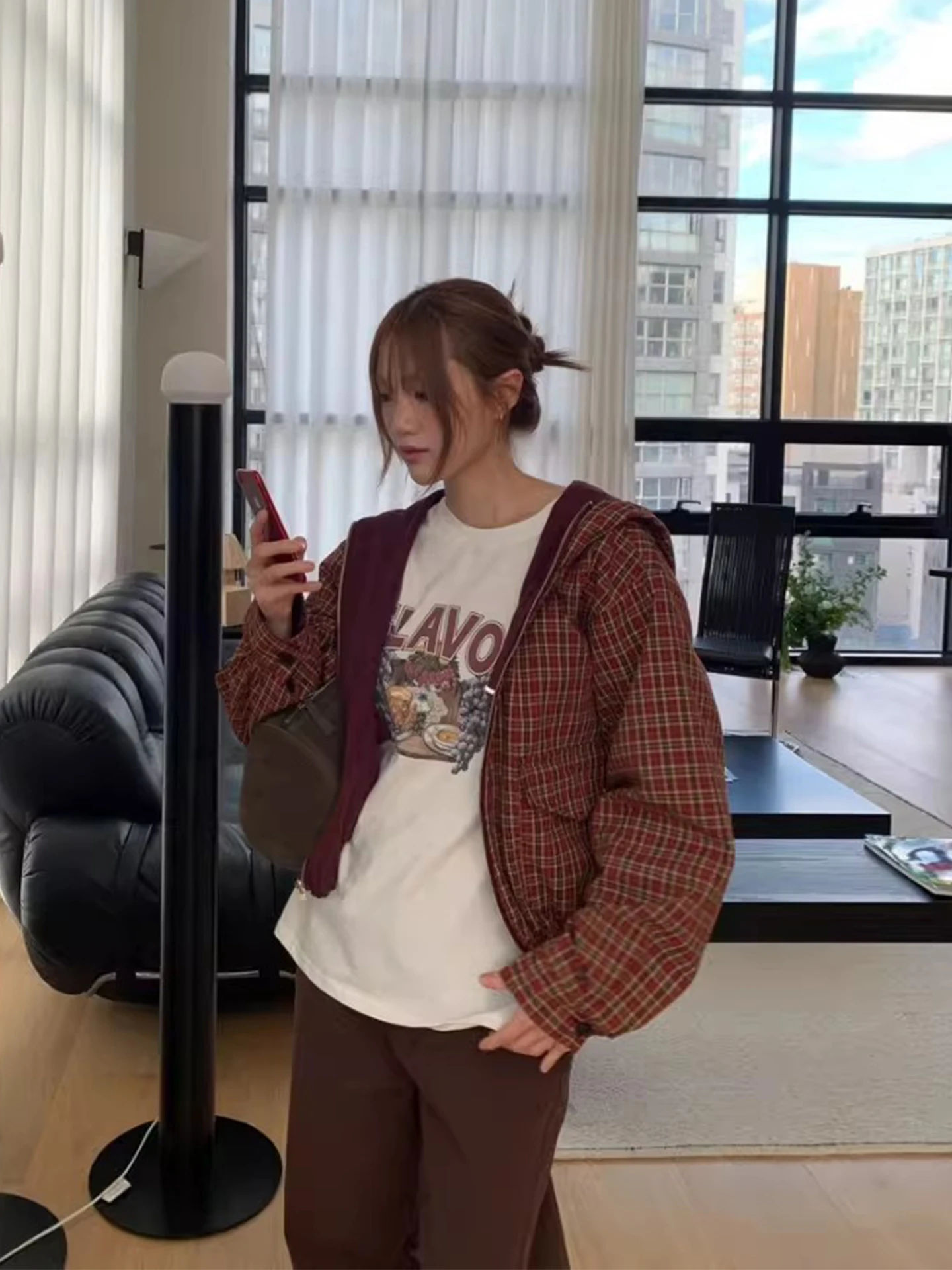 Retro anti-envelhecimento xadrez com capuz jaet feminino dupla face usar dstring ort solto outerwear fibra de poliéster longo sve