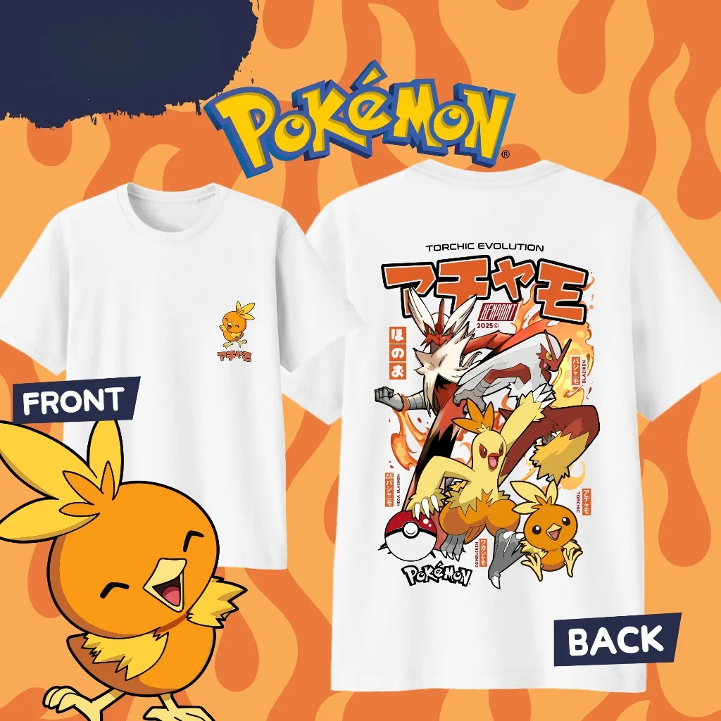 T-shirt décontracté en coton pour hommes et femmes, motif graphique Pokémon Anime Torchic 2026, dessin animé japonais de haute qualité, vêtements décontractés d'été Y2K