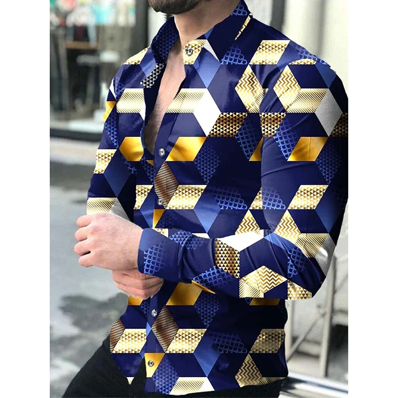 Luxury Social Men Shirts Turn-down Collar Buttoned Shirt Casual Lattice Print Long Sleeve Tops Men's Clothes Club Prom Cardigan