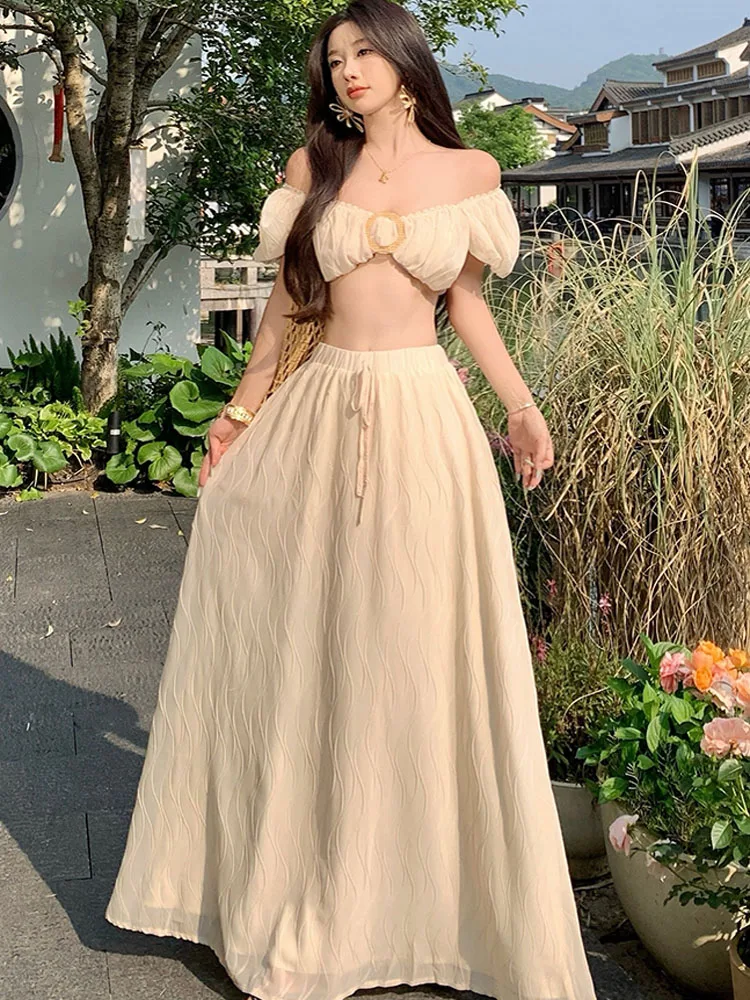 

Retro Elegant Casual Beach Style Two Piece Set Female Sexy Slash Neck Crop Tops + High Waist A-Line Long Skirts Women Suit
