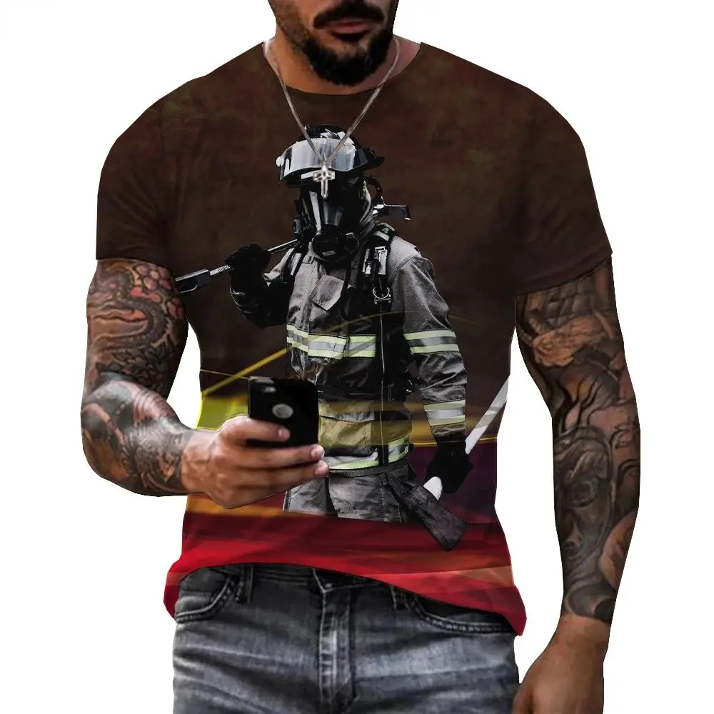 Summer Men\'s 3d Printed Firefighter Hero Soldier Graphic T-Shirt Fashion Casual Harajuku O-Collar Short-Sleeved Plus-Size Top