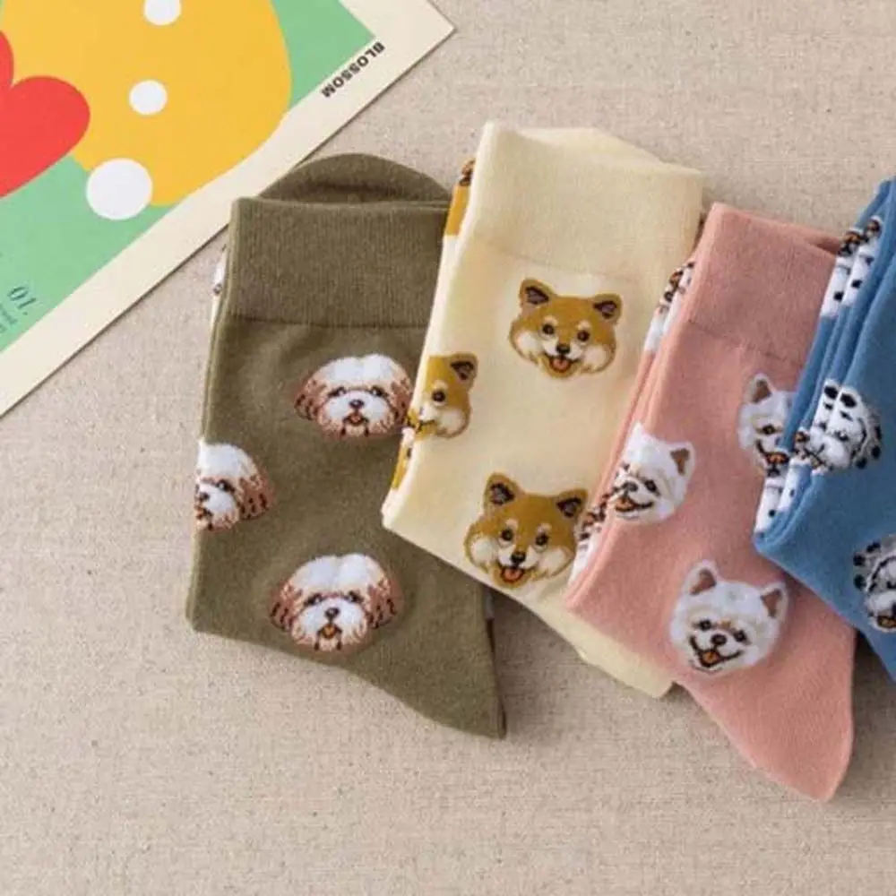 Calcetines de algodón con patrón de perro para mujer, medias de tubo medio, estilo universitario de Pomerania, Shiba Inu, dibujos animados, estilo coreano