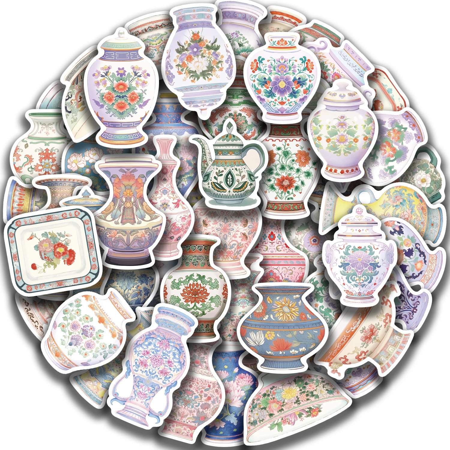 

52PCS Porcelain Stickers Chinoiserie Grand Kettle Decoration Flower Aesthetic Art Vintage Waterproof Stickers for Adults