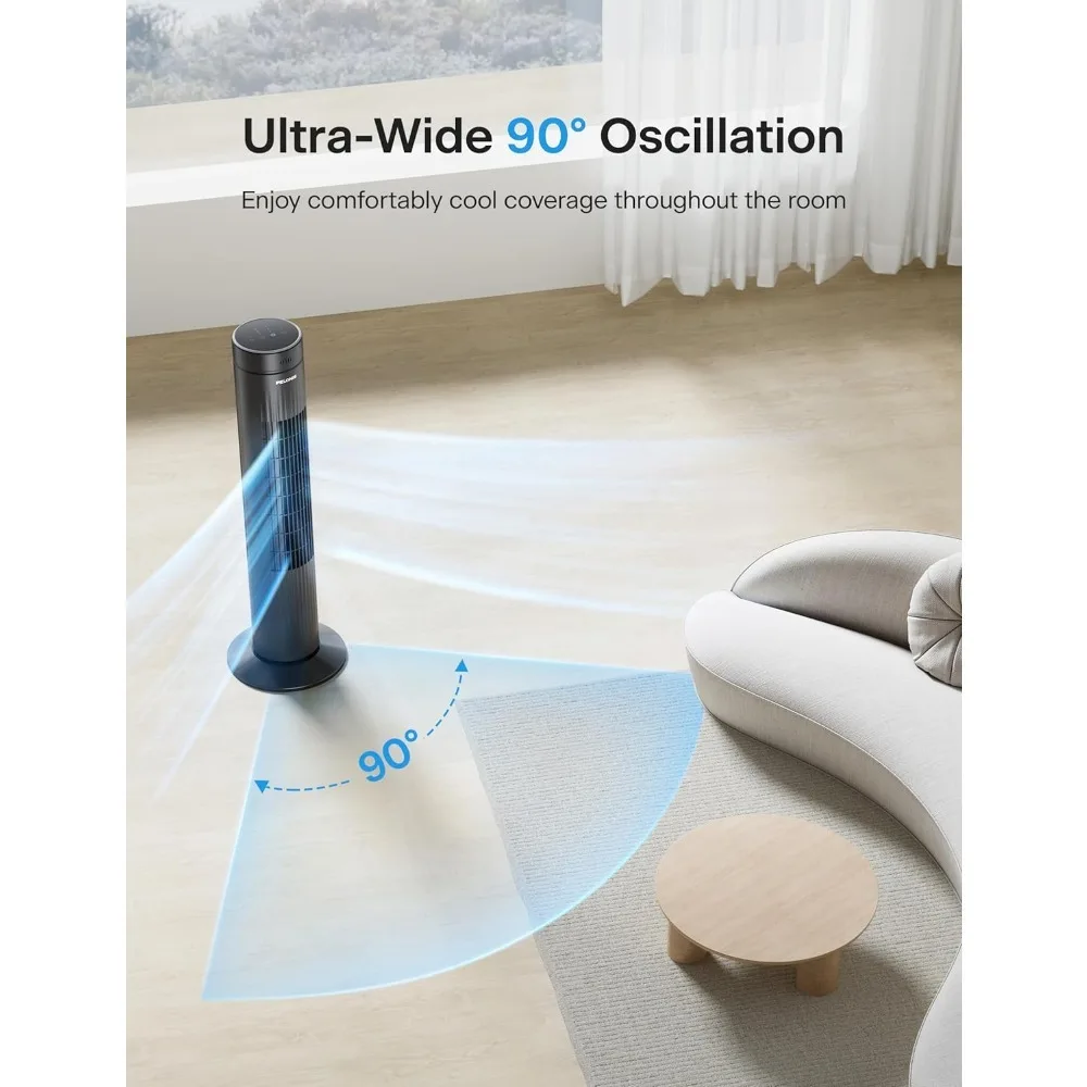 مروحة برجية متأرجحة مقاس 30 بوصة لغرفة النوم - 3 سرعات، مروحة برجية هادئة 37 ديسيبل مع جهاز تحكم عن بعد ومؤقت 7 ساعات، أسود