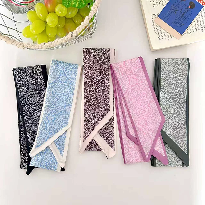 

2026 New Arrival Women Geometric Floral Print Skinny Satin Scarf Girl Hair Bandana Neck Scarf Bag Handle Decor for Spring Summer