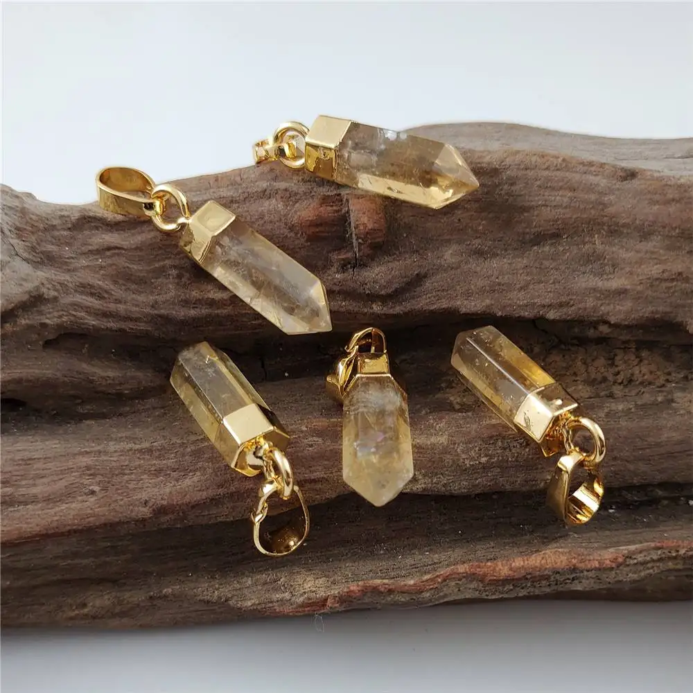 FUWO Wholesale Natural Light Color Citrines Point Pendant,Bullet Shape Spike Crystal Accessories For Jewelry Making 5Pcs PD130