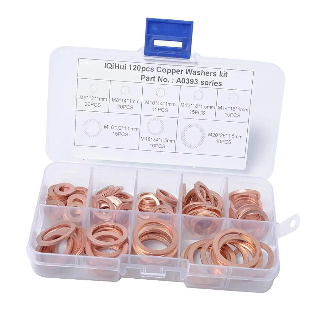 120Pcs 8 Size Assorted Solid Copper Crush Washers Seal Flat Oil Brake Rings