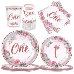 Pink Flower One Year Old Birthday Party Disposable Tableware Babyshower Girl Pink Paper Plates Baby Girl 1st Birthday Party Deco