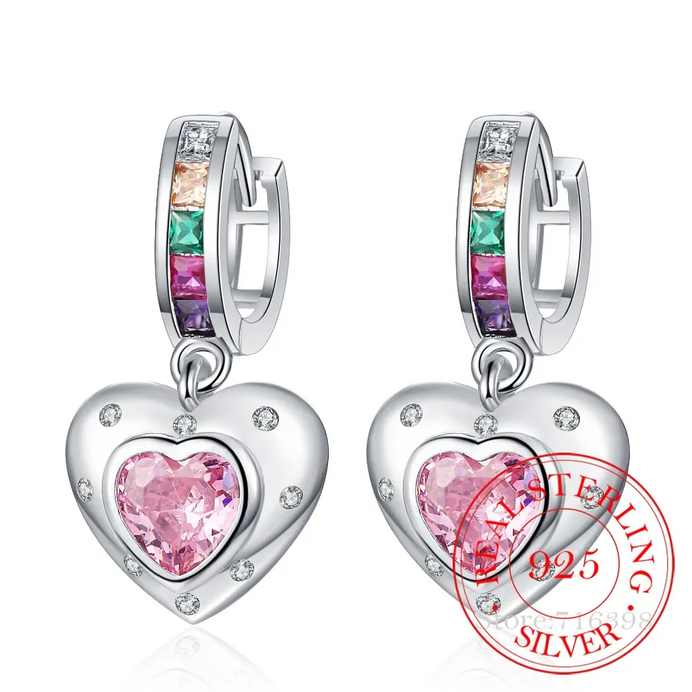 Pendientes de aro de corazón rosa de Plata de Ley 925 originales para mujer con cristales de arcoíris, joyería para fiesta y boda, regalo, Pendientes femeninos