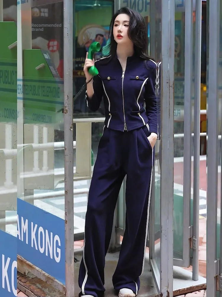 

Cool Spicy Trendy Sister Casual Sports Set Women's Autumn Slim Waist American Style Open Cardigan Top Wide Leg Pants Two Piec...