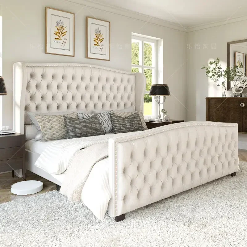 American country fabric bed, Nordic size villa, master bedroom, 1.8m large bed, French vintage style button