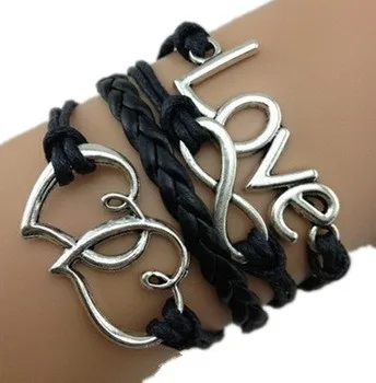 Custom European Style Double Heart Symbol Word Love 8 Unlimited Multilayer Woven Leather Bracelet