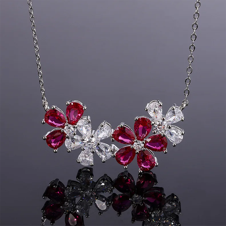 

Ruby Water Droplet High Carbon Diamond Red Flower Pendant Necklace Women Jewelry Dance Party Dress Accessory 45+5cm Extend Chain