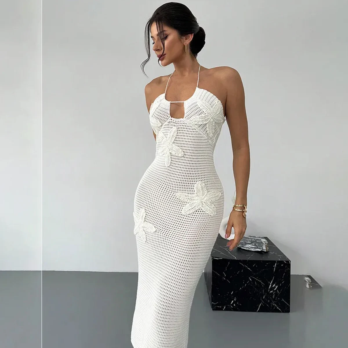 Women's Sexy Slim-Fit Knitted Dress With Starfish  Decoration, Summer Vacation Beach Cover-Up, Casual Holiday Wear