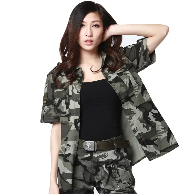 Summer Hunting Shirt Hjumping Outdoor Women's Short-sleeved Shirt, Mountaineering Camping Military Training Camouflage Shirt