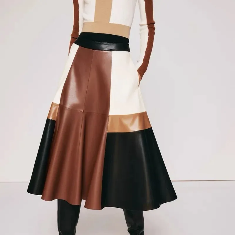 2024 Fashion New Genuine Leather Sheepskin Long Skirt Maillard Retro Big Swing Skirt E57