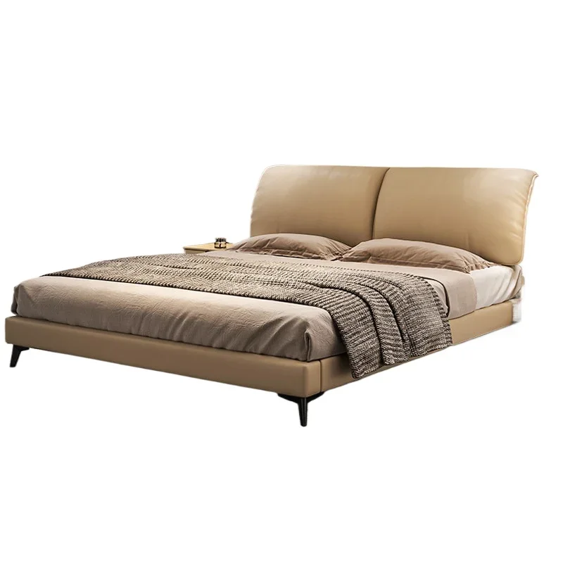 Italian minimalist elephant ear pole leather bed, light luxury minimalist master bedroom  soft bag flush edge