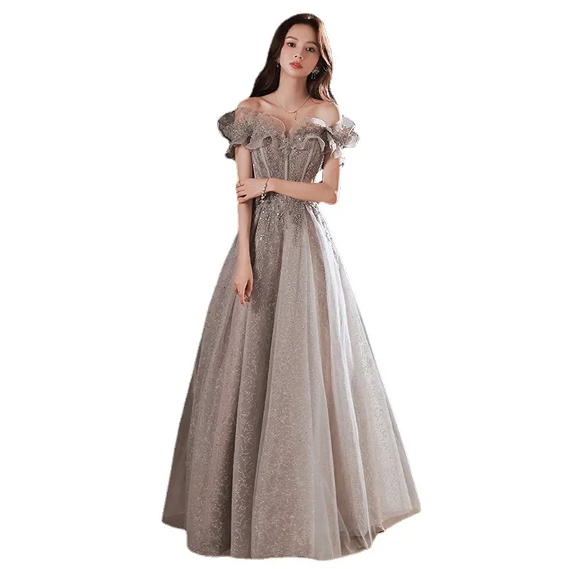 2024 Elegant Gray Flowers Evening Dress Off Shoulder Shiny Sequin Lace A-line Ruched Lace Up Woman Formal Party Prom Gowns