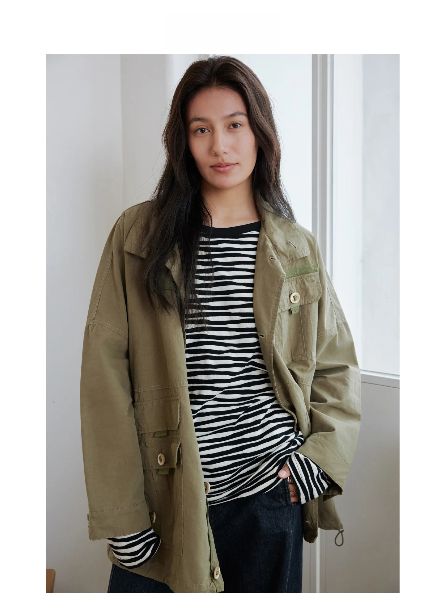 

Mincollection Women's Parka Jaet Straight Cut Waed Cotton Stand Collar Multi-ket Long Sve Coat een