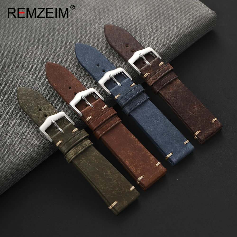 Bracelet de montre vintage pour hommes en cuir véritable mat 20mm 22mm, bracelet de remplacement confortable en cuir de veau