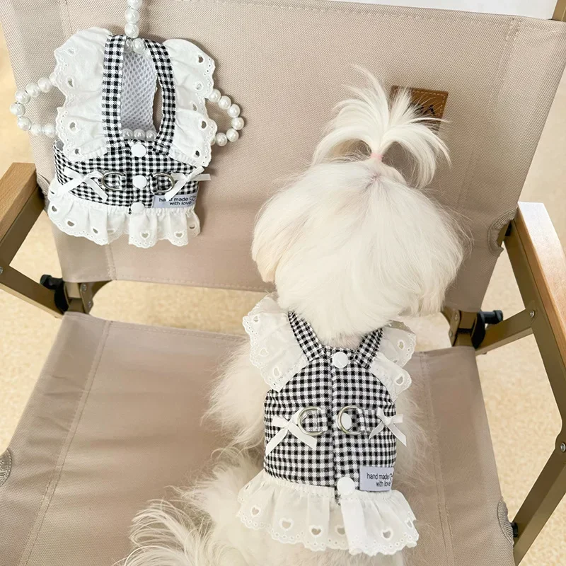 Lace Fashion Pet Pastoral Style Black Plaid Puppy Clothes Harness Dog Cat Universal Harness Tractionable Retro Princess Dress