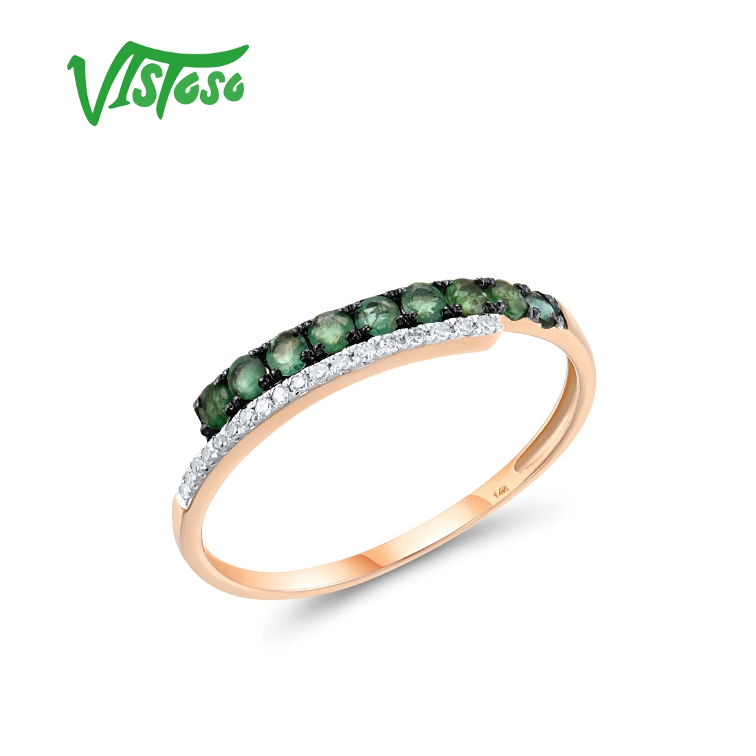 

VISTOSO Genuine 14K 585 Rose Gold Ring For Women Sparkling Diamond Emerald Simple Stackable Delicate Fine Fashion Chic Jewelry