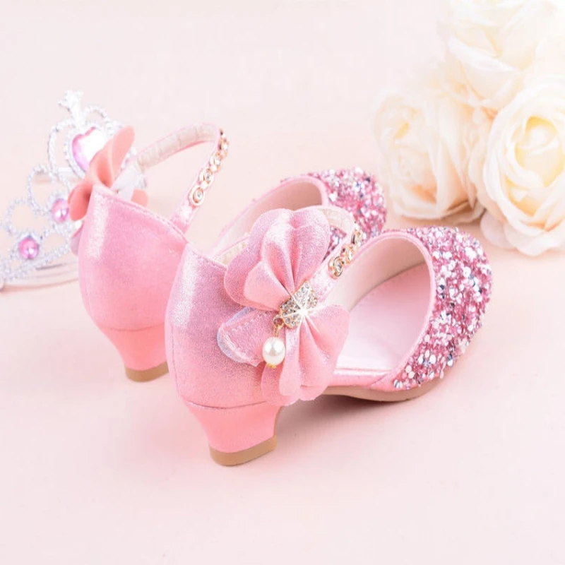 Girls High Heeled Leather Shoes Girls Performance Crystal Single Shoes Children\'s Sequin Silver Sandals Kids Rhinestone Sandals