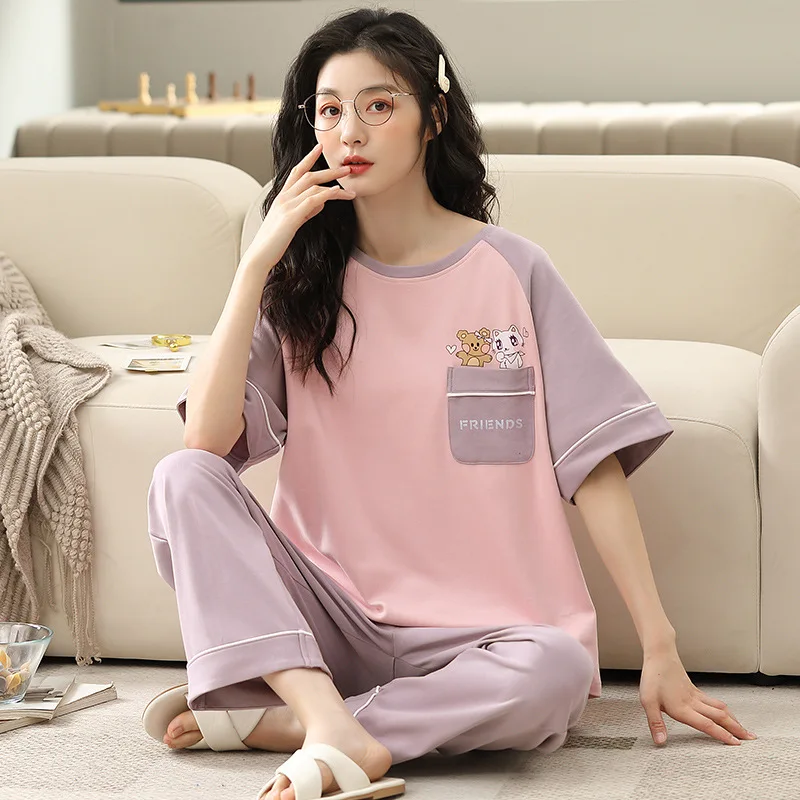 Summer 2pieces Pyjamas Set Women 2025 Round Neck Girls Cotton Pajamas Sets Full Pant Sleepwear Short Sleeves Tops Pajama Mujer