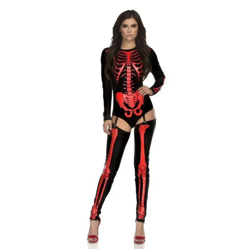 Adult Halloween Party Costume Scary Devil Ghost Cosplay Women Skull Skeleton Prints Leotard Catsuit Costume MS1795