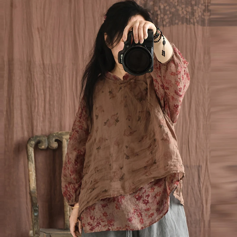 Donne Casual Ramie Canotte Nuovo Arrivo 2025 Estate Stile Cinese Vintage Stampa Floreale Allentato Gilet Femminile T-shirt M786
