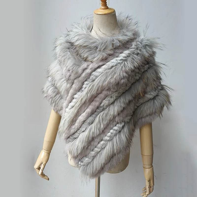 2024 New Knitted Real Rabbit Fur Poncho Warm Winter Genuine Fur Cap With Raccoon Fur Trim Female Wrap Ponchos