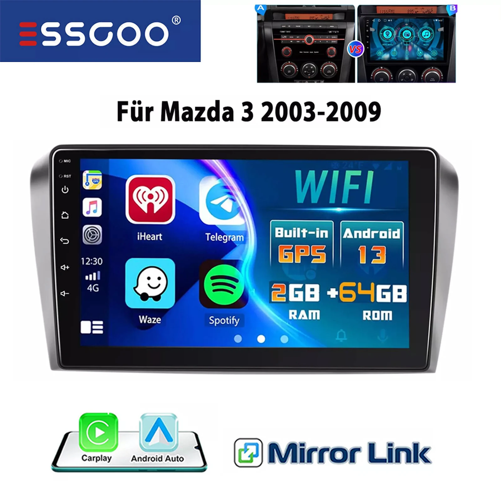 ESSGOO 9" 2 DIN HD Touchscreen Display voor Mazda 3 2003-2009 Android 13 Autoradio Wireless CarPlay GPS Navigatie Stereo Bluetooth FM WIFI RDS Multimedia Video Speler 32G/64G 4 Core