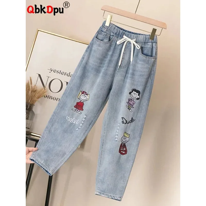 

Cartoon Embroided Harem Jeans Baggy Ankle-length Denim Pants Lace Up Spodnie Straight Ripped Vaqueros High Waist Jeansy J167