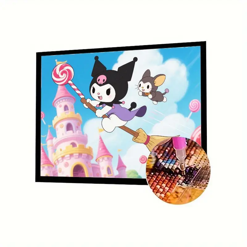 

1PC Sanrio Kuromi Witch Flying on Broom Diamond Painting Kit - Cute Cartoon Lollipop Castle Full Drill 5D Diamond Art Embroidery