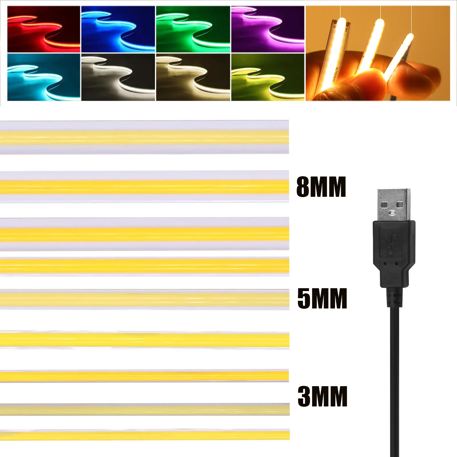 USB COB 스트립, TV 백라이트, 유연한 리본 로프, LED 조명, 노란색, 아이스 블루, 녹색, 흰색, 핑크, 빨간색, 흰색, 노란색, 3mm, 5mm, 8mm, DC 5V