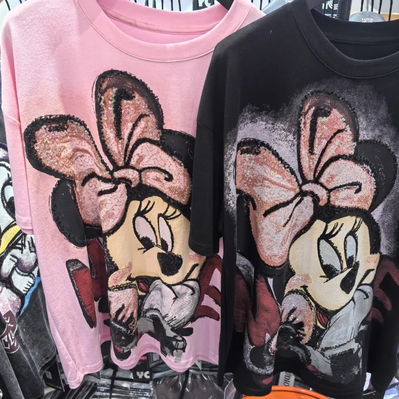

High Quality Cartoon Oversized Short Sleeved Trendy Washed Tops Cute Minnie Mid Length Loose Korean Vintage T Shirt Women Summer
