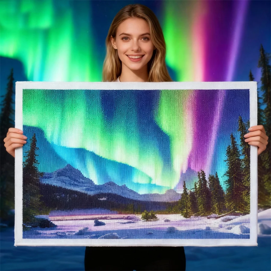 

2026 New style Aurora snow scene Cross Stitch Kits DIY Handmade Fabric Cloth Cross Embroidery Sewing Set Home Deco