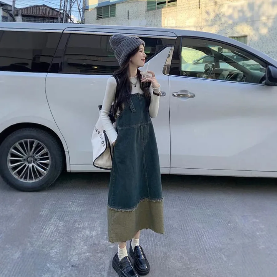 

【New style】Sleeveless denim strap skirt women's spring and autumn new niche design irregular color contrasting medium and long