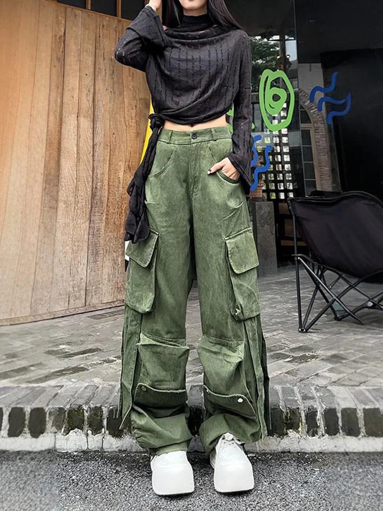 Women's Grey Cargo Pants Baggy Streetwear Aesthetic Harajuku 2000s Y2k Gradient Parachute Pants Vintage Trousers Clothes 2024