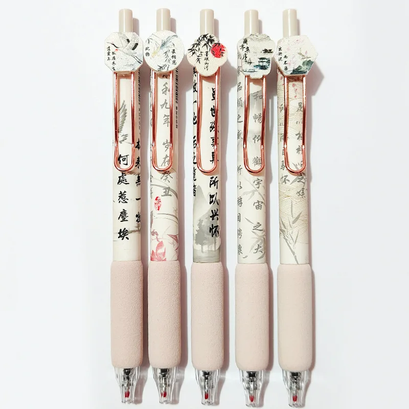 5Pcs Chinese Style Soft Grip Press Type Gel Pen 0.5 Black Ink Neutral Pen Lovely Signature Pen Writing Tool Student Supplies